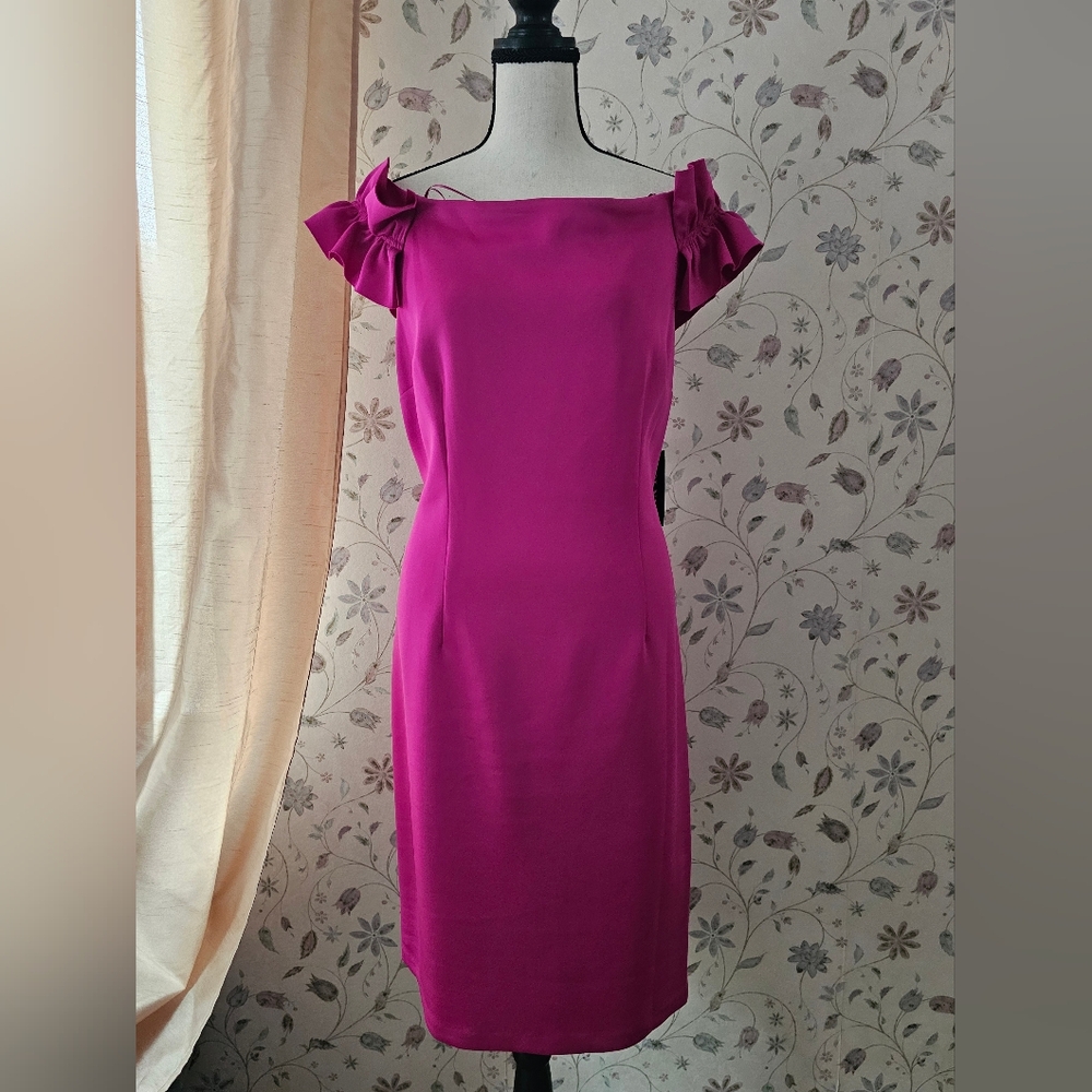 SLNY Fuchsia Ruffle Sleeve Midi Dress